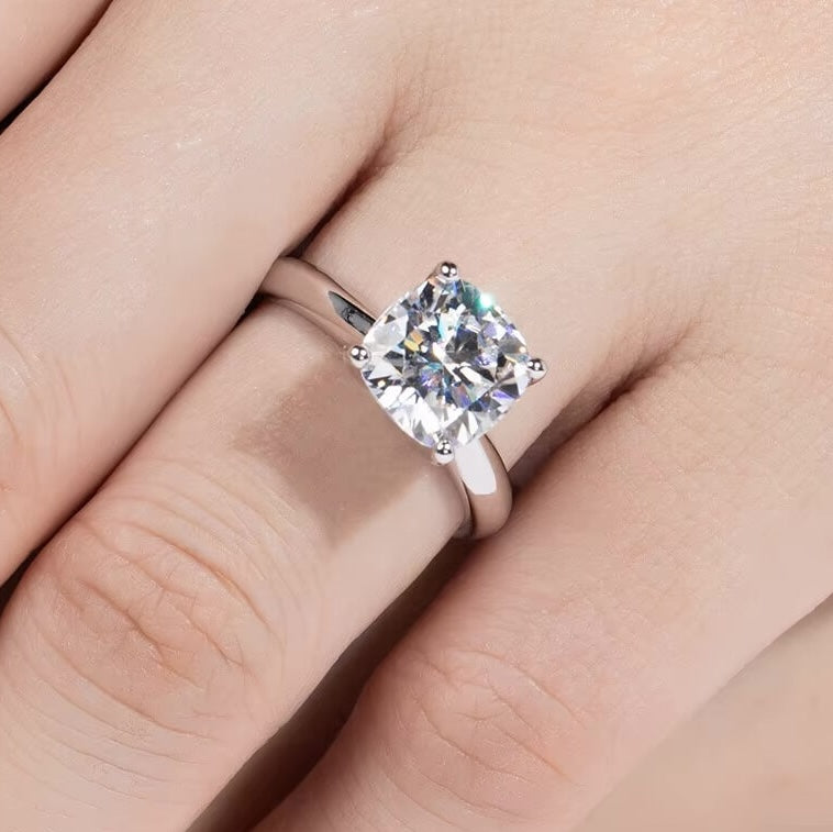 Anel Prata 925 Solitário Moissanite Corte Almofada Clássico