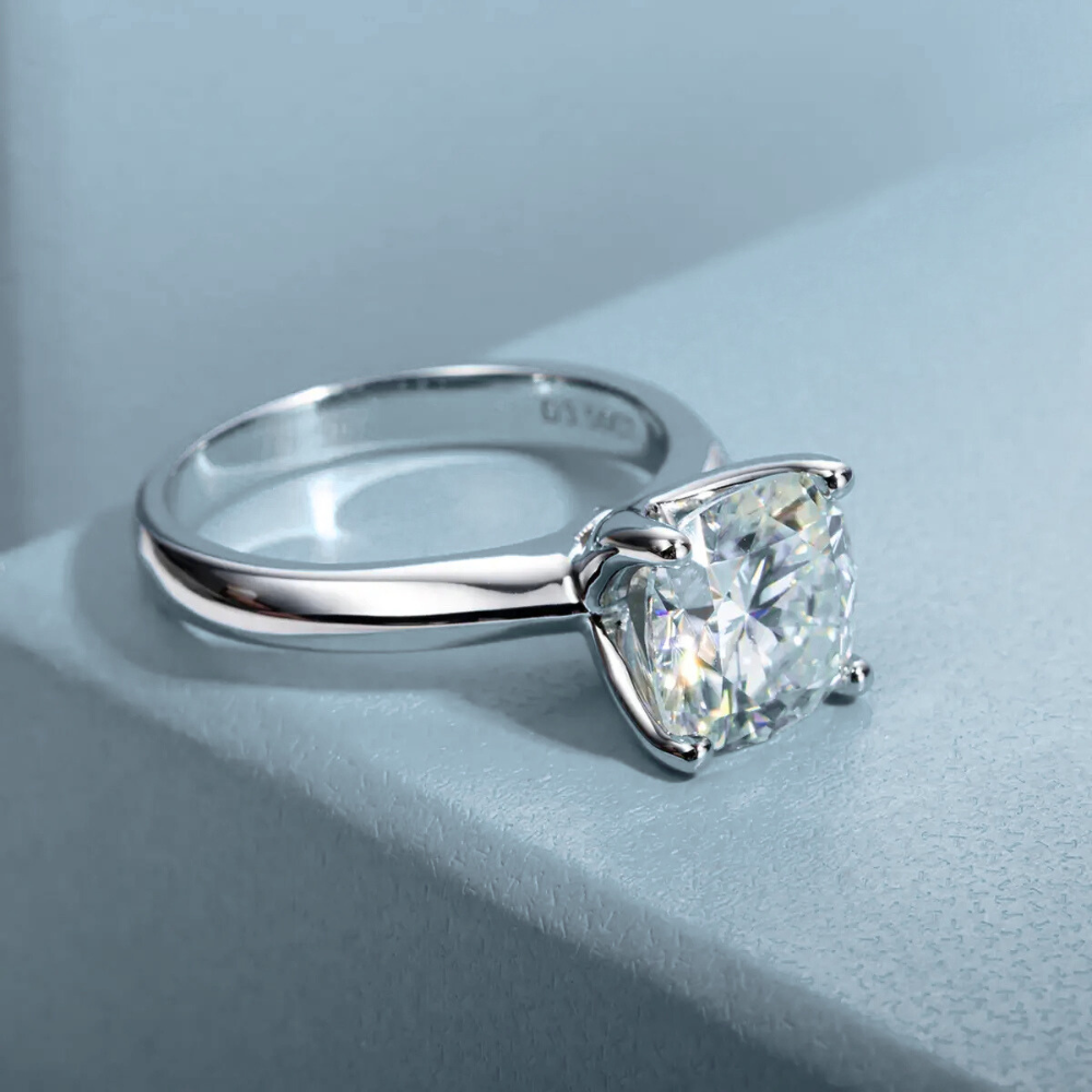 Anel Prata 925 Solitário Moissanite Corte Almofada Clássico