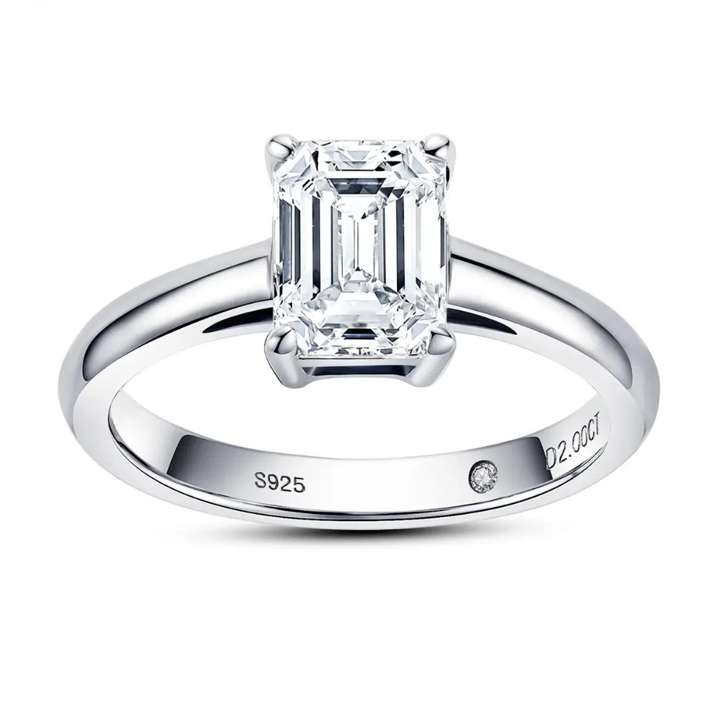 Anel Prata 925 Solitário Moissanite Corte Esmeralda Liso