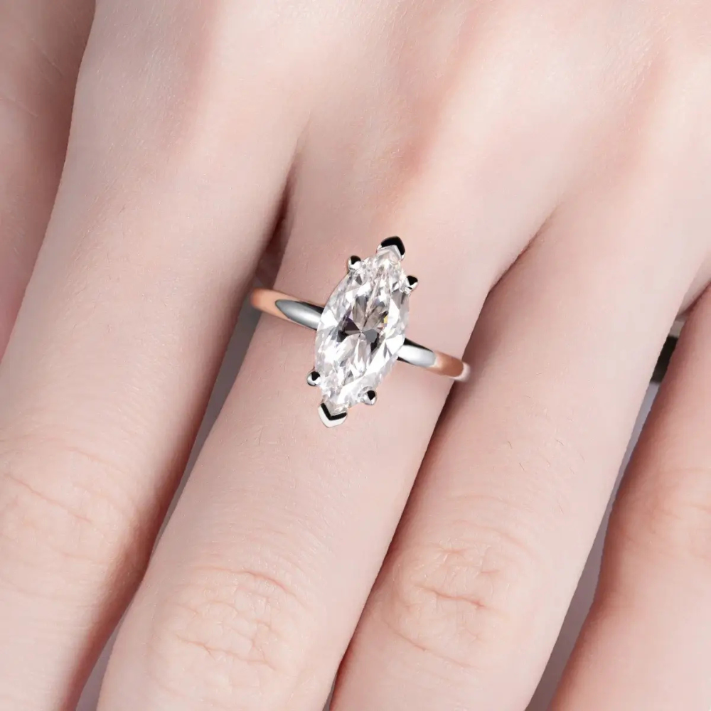 Anel Prata 925 Solitário Moissanite Corte Marquise Clássico