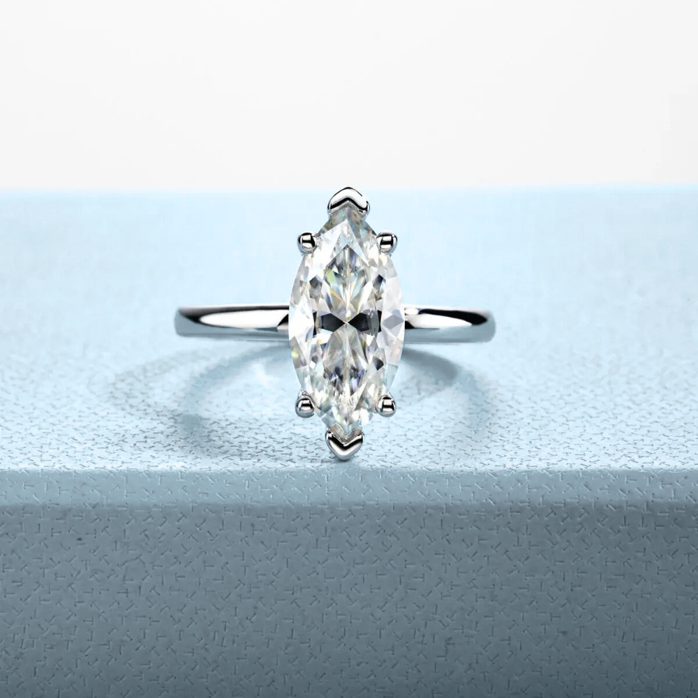 Anel Prata 925 Solitário Moissanite Corte Marquise Clássico