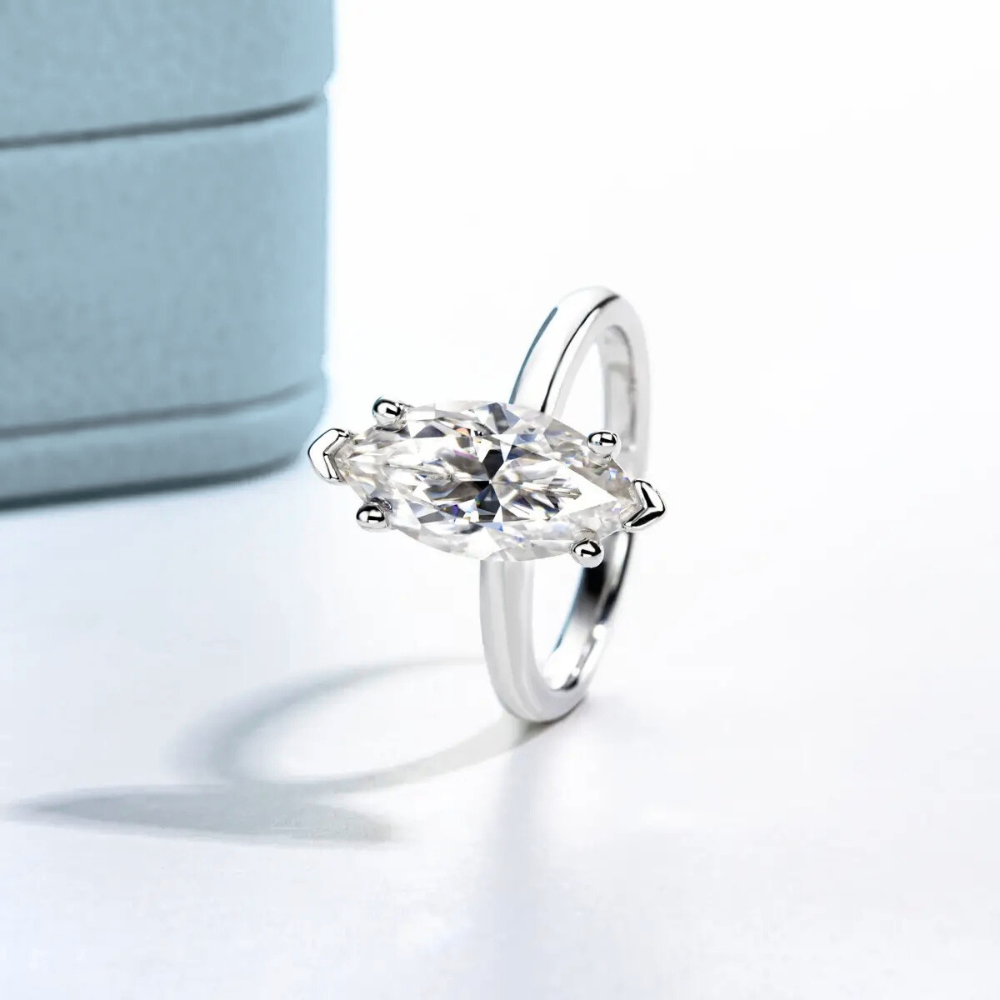 Anel Prata 925 Solitário Moissanite Corte Marquise Clássico