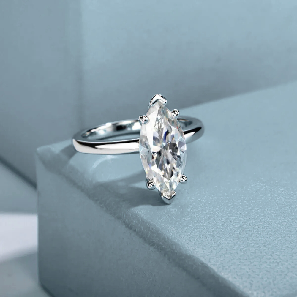 Anel Prata 925 Solitário Moissanite Corte Marquise Clássico