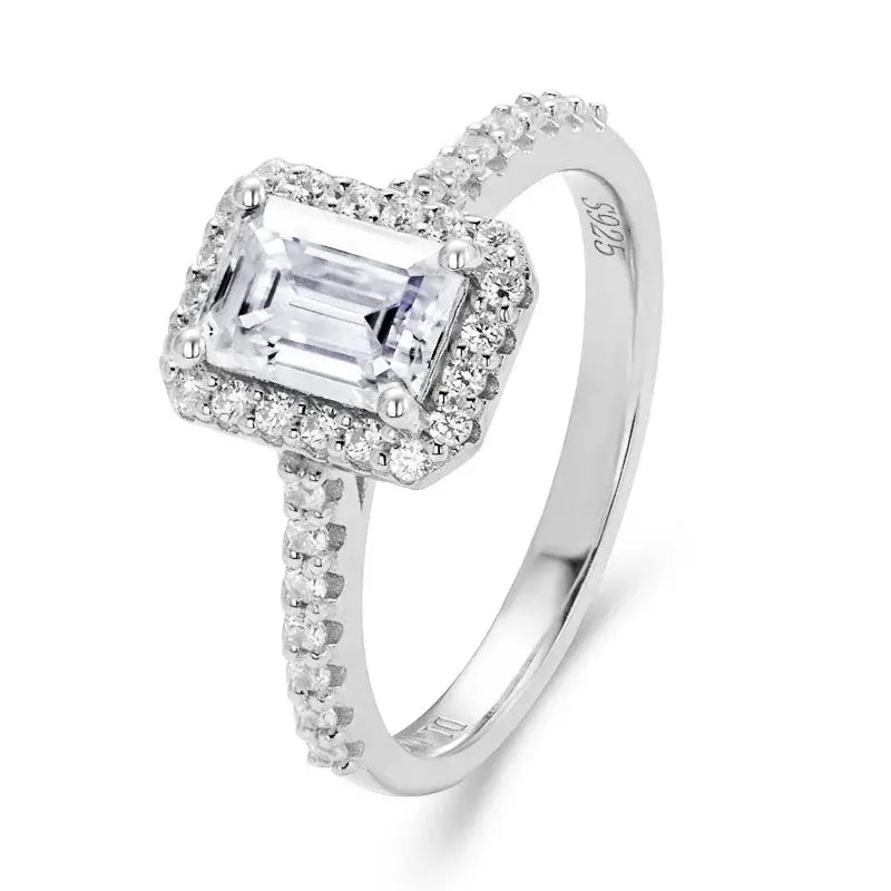 Anel Prata 925 Solitário Moissanite Corte Esmeralda Cravejado