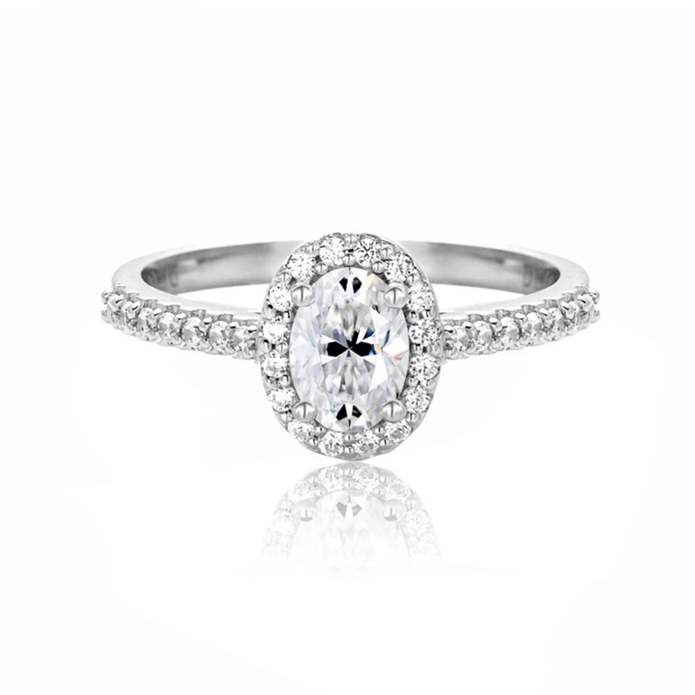 Anel Prata 925 Solitário Moissanite Corte Oval Cravejado