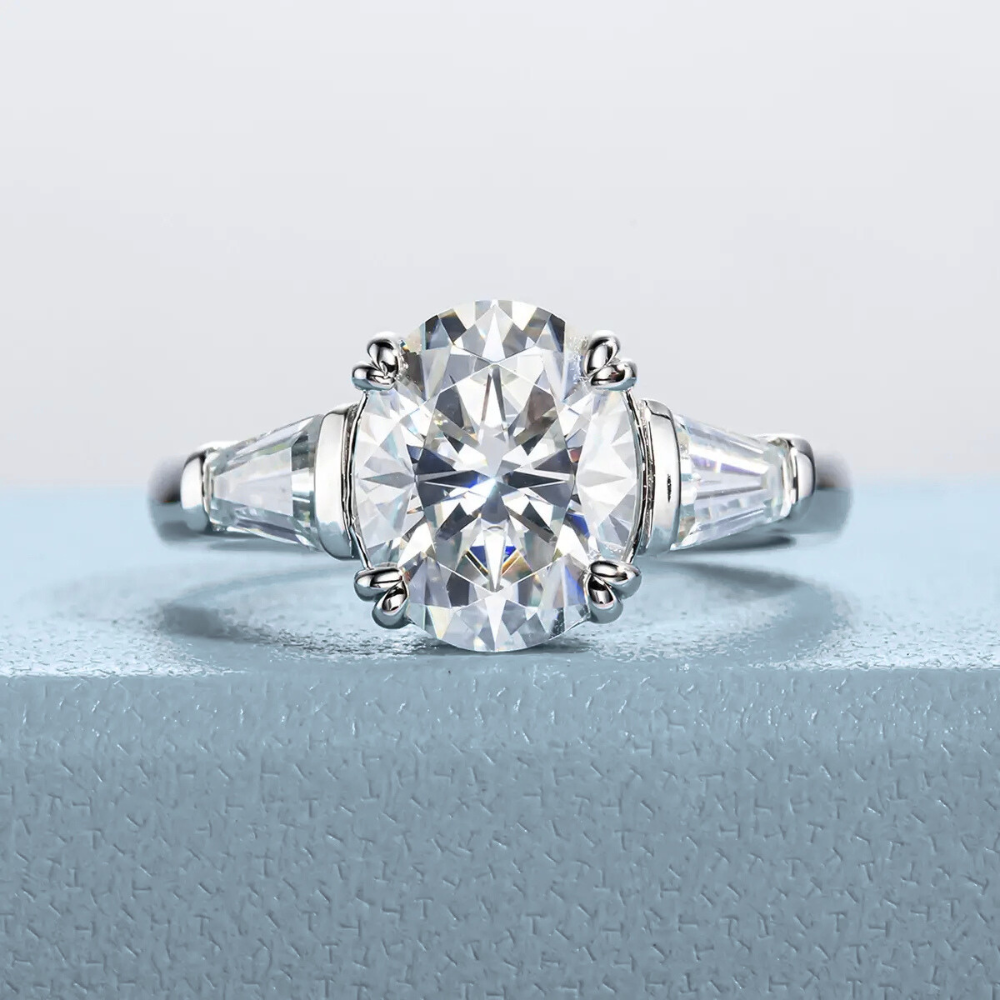 Anel Prata 925 Solitário Moissanite Corte Oval Triplo