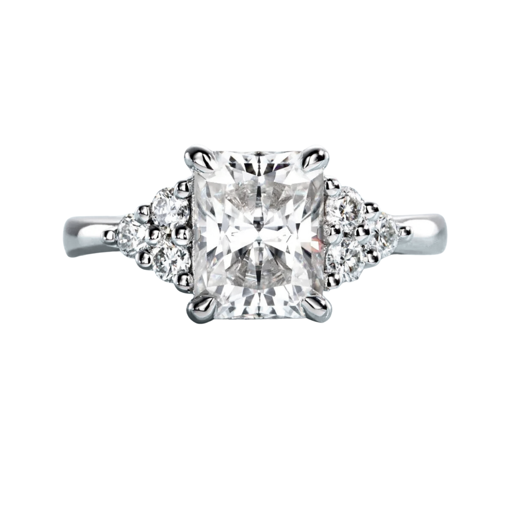 Anel Prata 925 Solitário Moissanite Corte Radiante Pedras Laterais