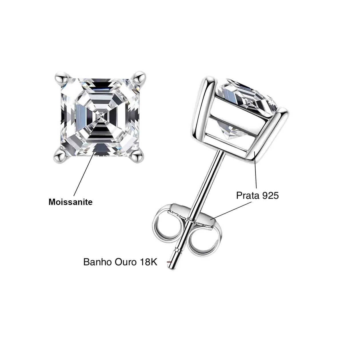 Brinco Prata 925 Moissanite Corte Asscher