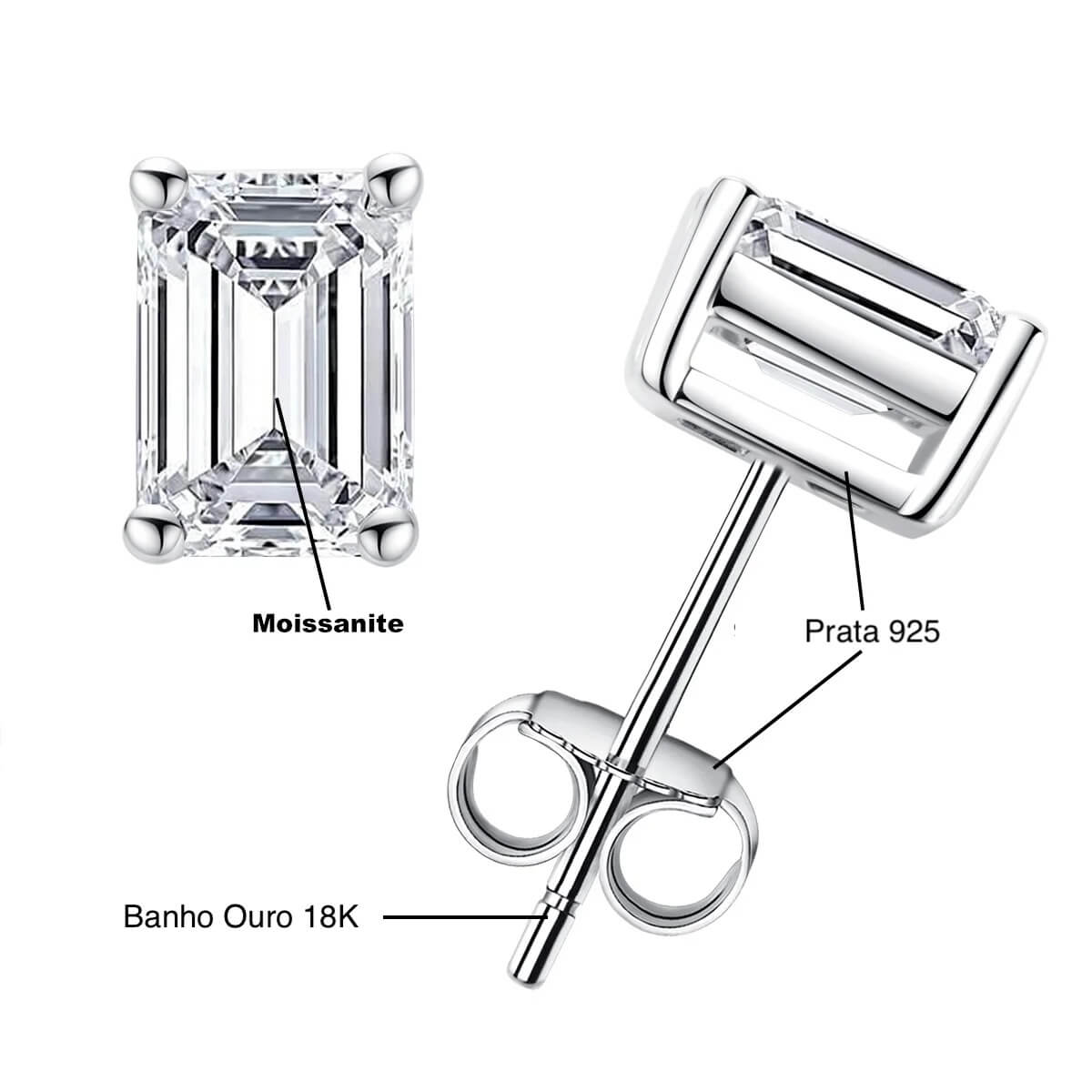 Brinco Prata 925 Moissanite Corte Esmeralda
