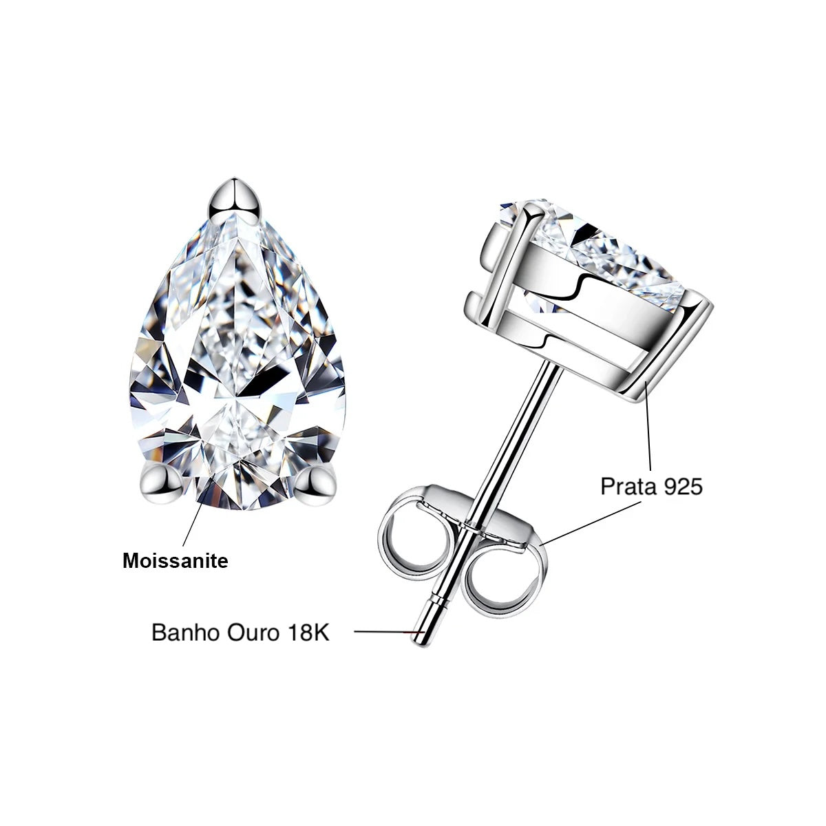 Brinco Prata 925 Moissanite Corte Pera