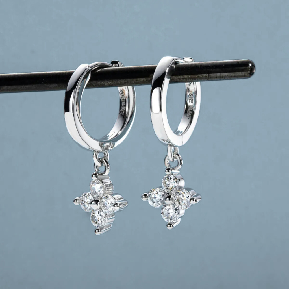 Brinco Prata 925 Moissanite Mini Argola com Pendente