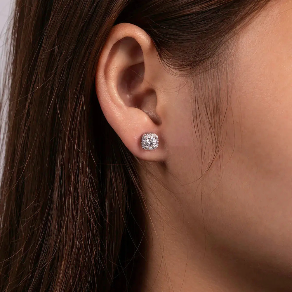 Brinco Prata 925 Moissanite Quadrado Cravejado