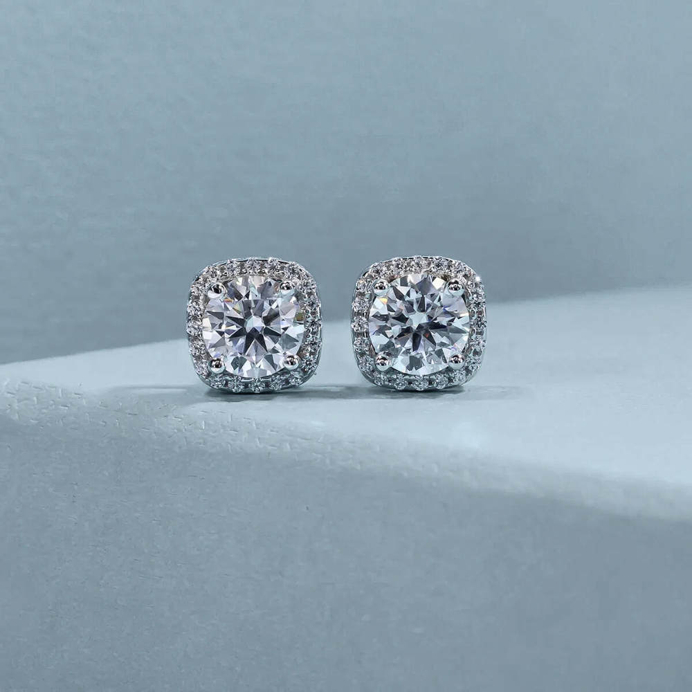 Brinco Prata 925 Moissanite Quadrado Cravejado