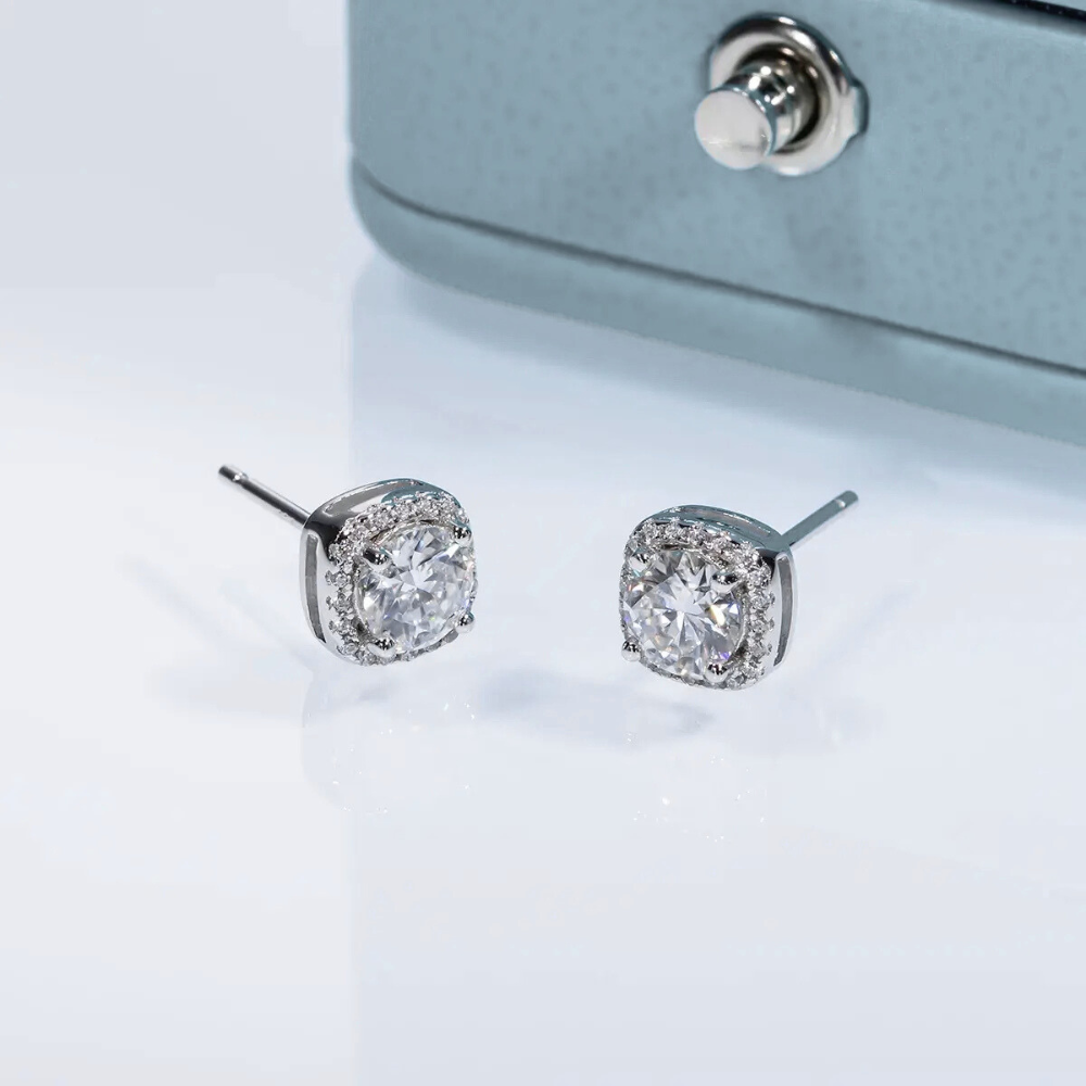 Brinco Prata 925 Moissanite Quadrado Cravejado