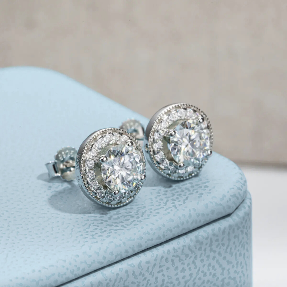 Brinco Prata 925 Moissanite Redondo Cravejado