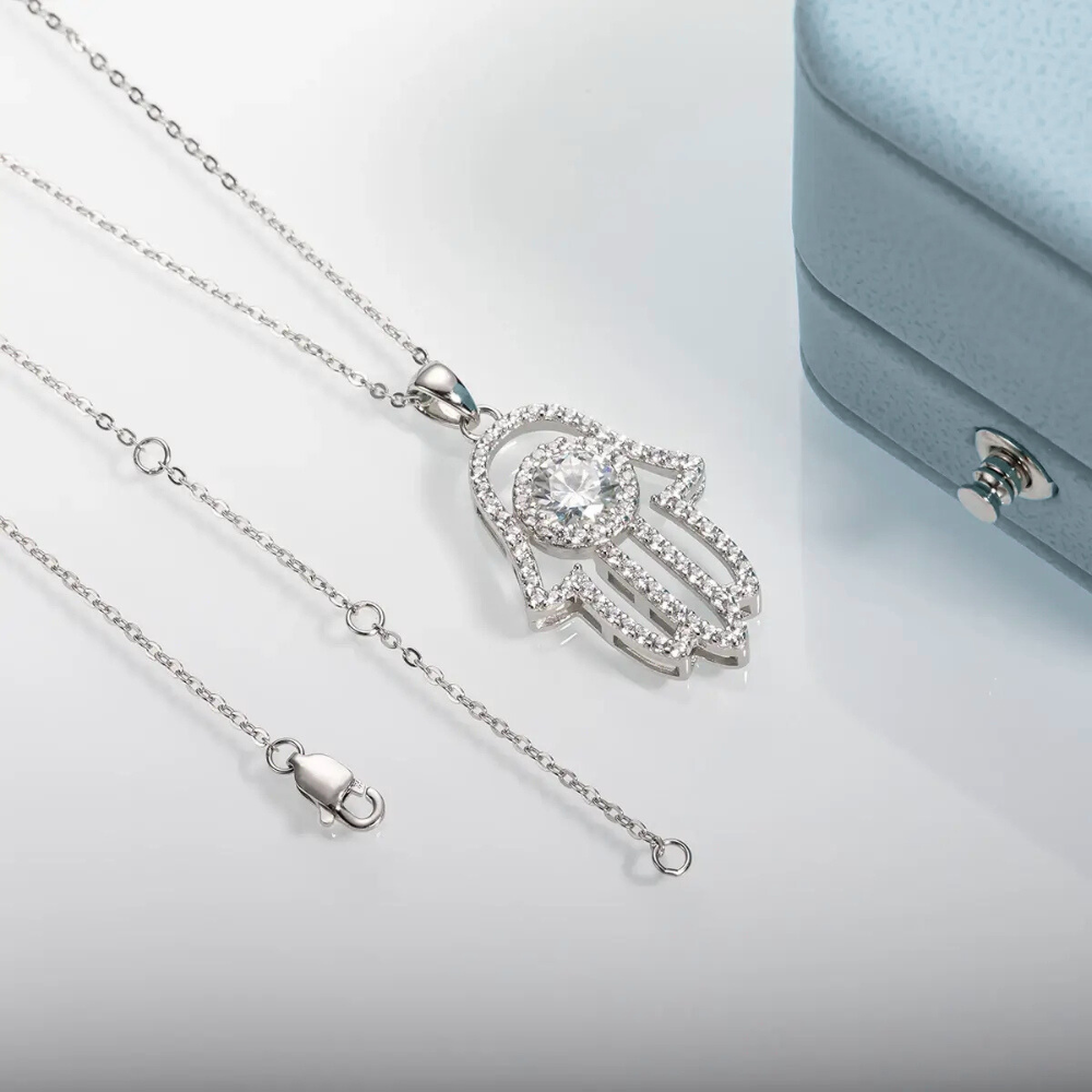 Colar Prata 925 Moissanite Mão de Fátima Cravejada