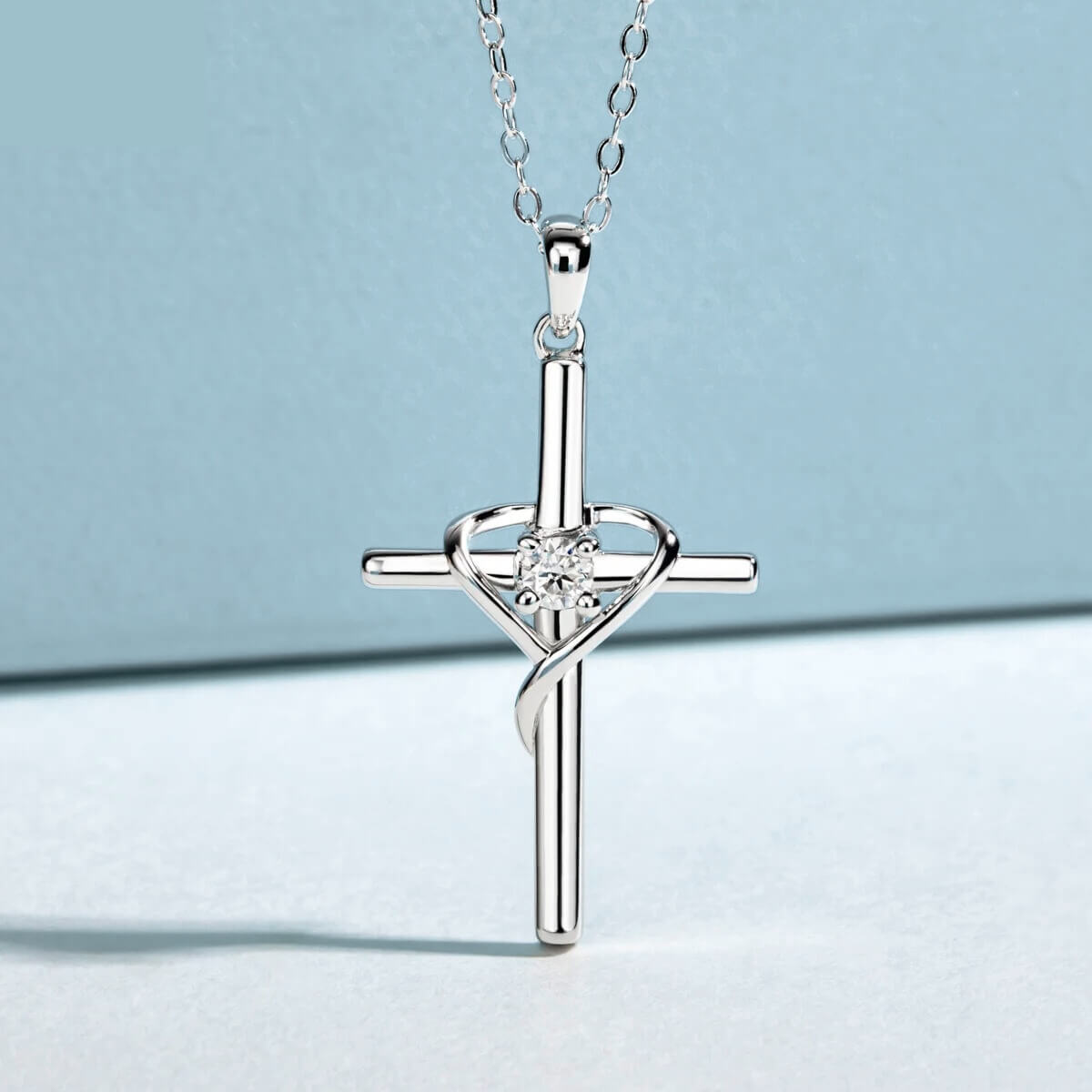 Colar Prata 925 Moissanite Cruz e Coração