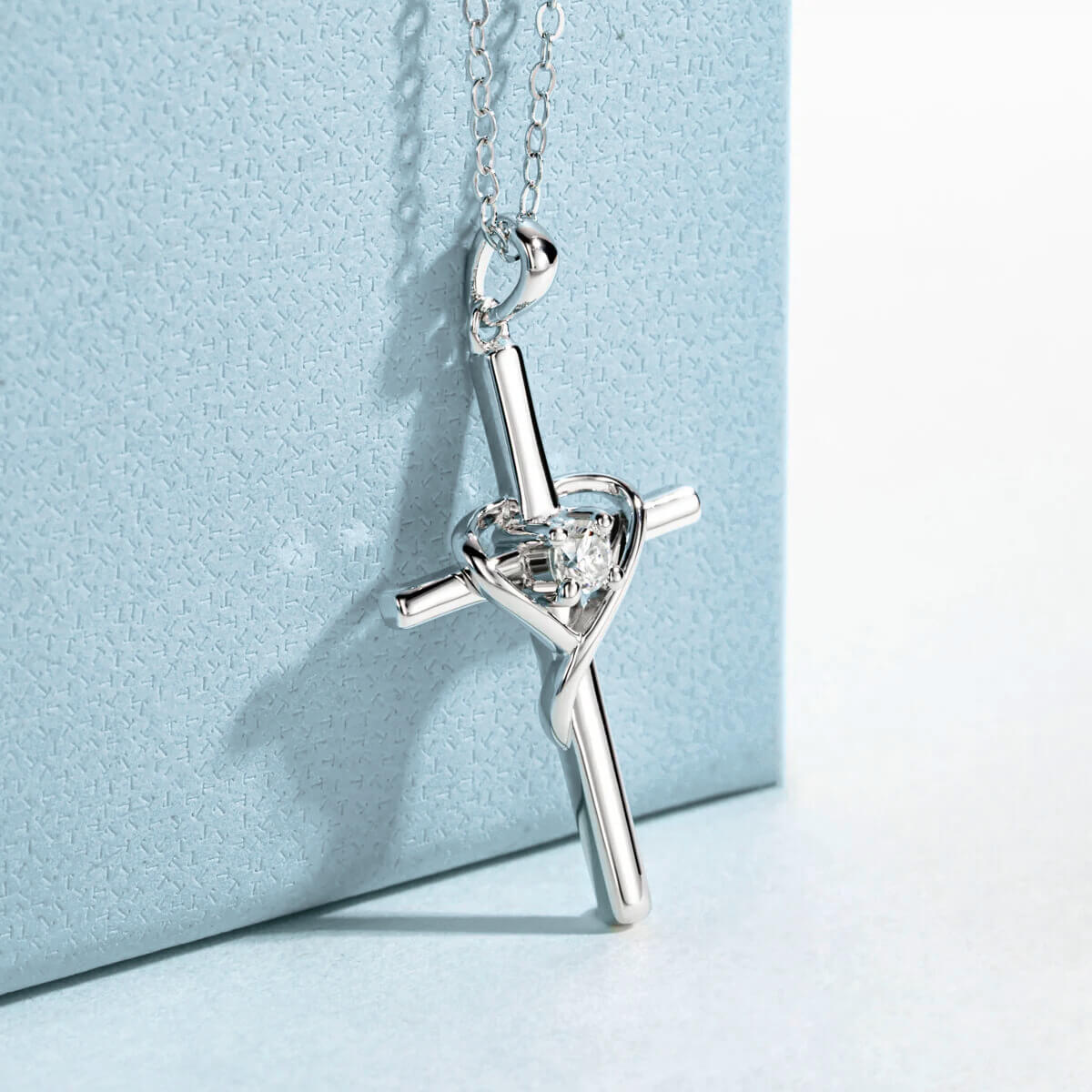 Colar Prata 925 Moissanite Cruz e Coração