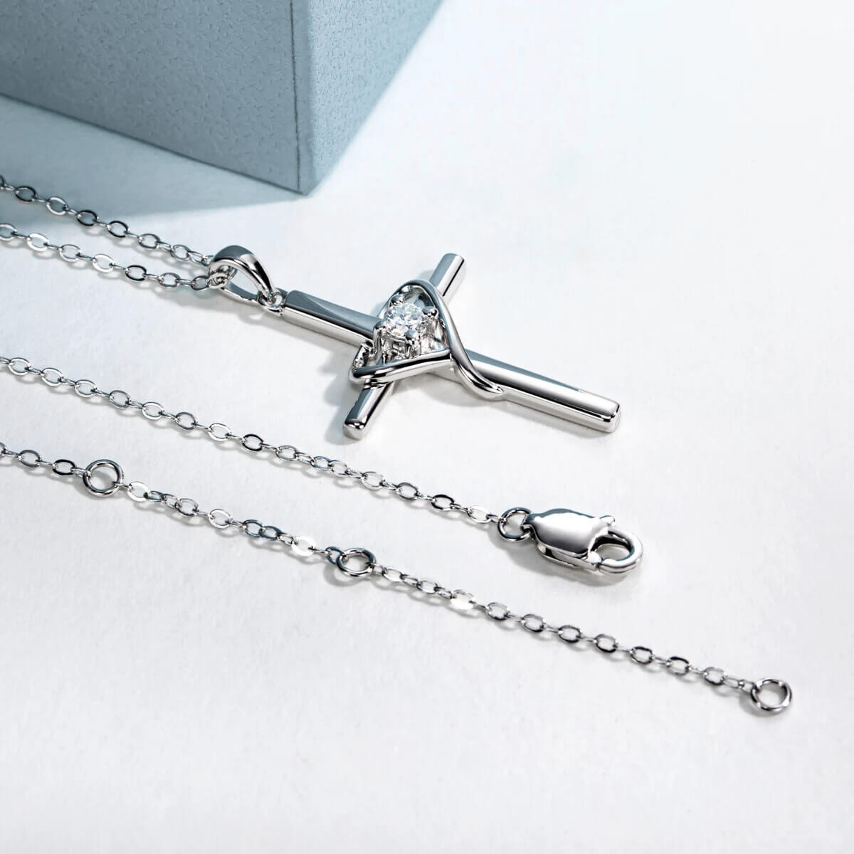 Colar Prata 925 Moissanite Cruz e Coração