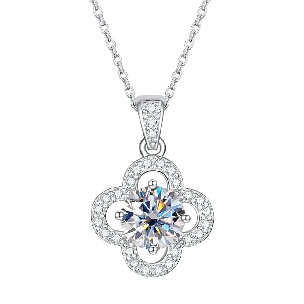 Colar Prata 925 Moissanite Flor Cravejada e Ponto de Luz