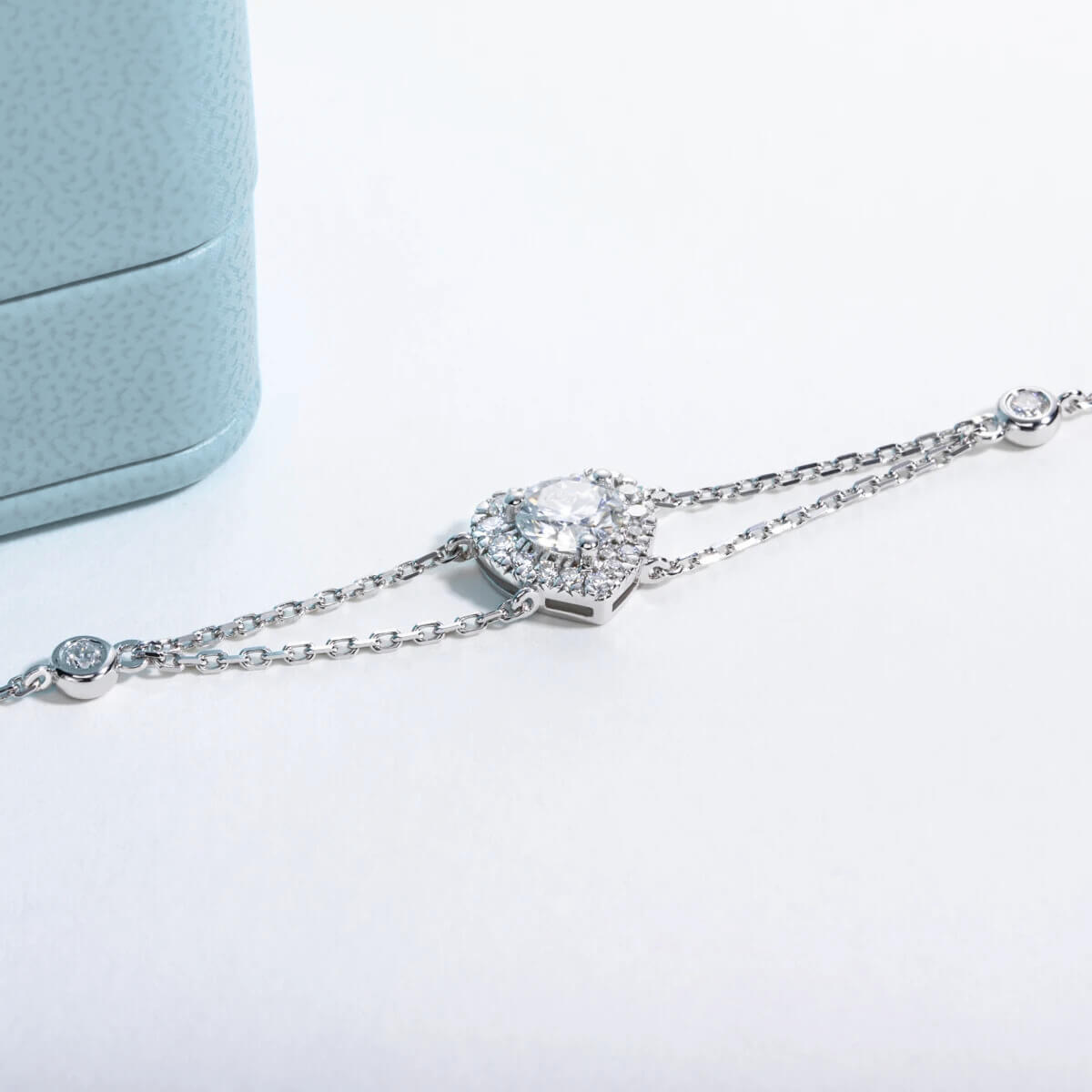 Pulseira Prata 925 Moissanite Corrente Dupla Coração