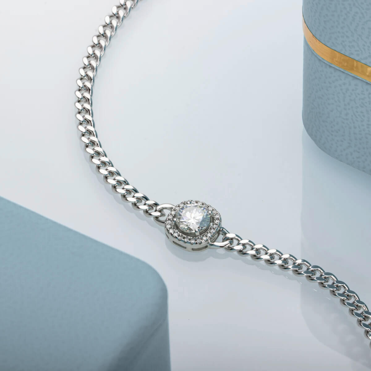 Pulseira Prata 925 Moissanite Corte Almofada Corrente Cubana