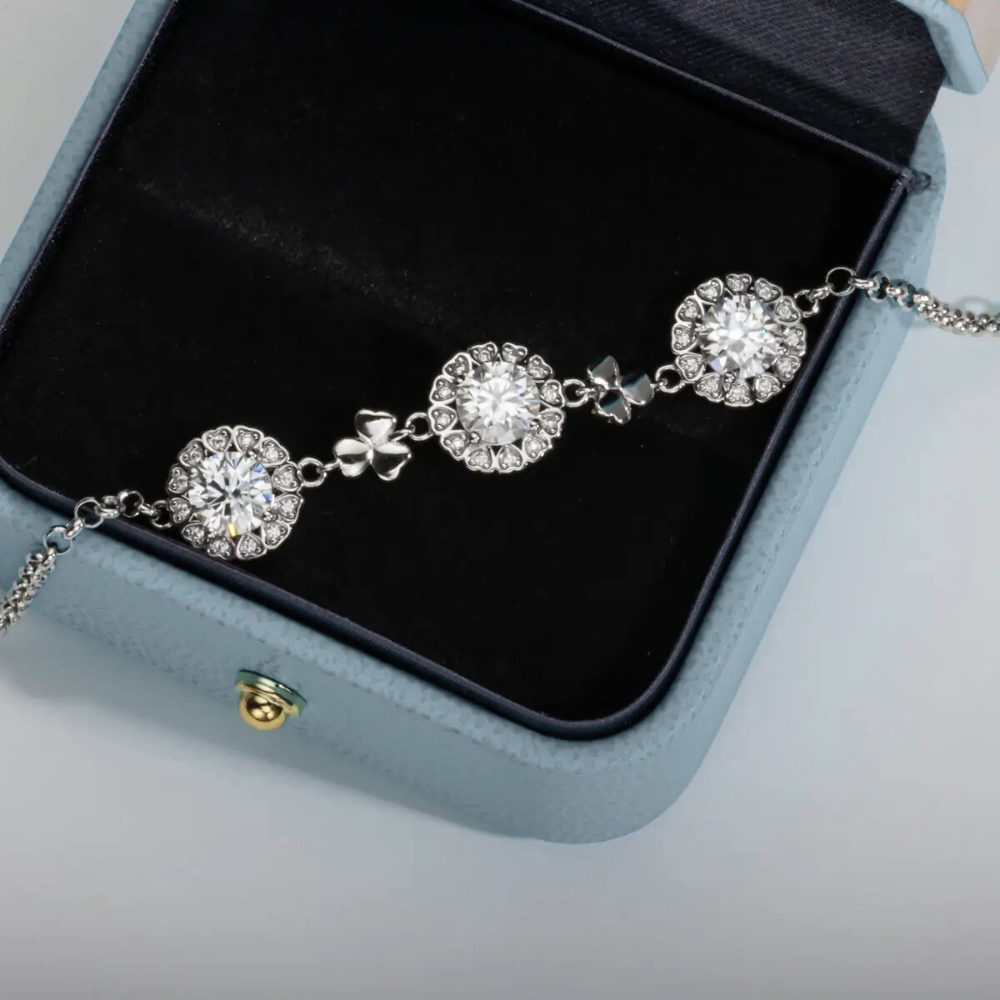 Pulseira Prata 925 Moissanite Trevos Cravejados