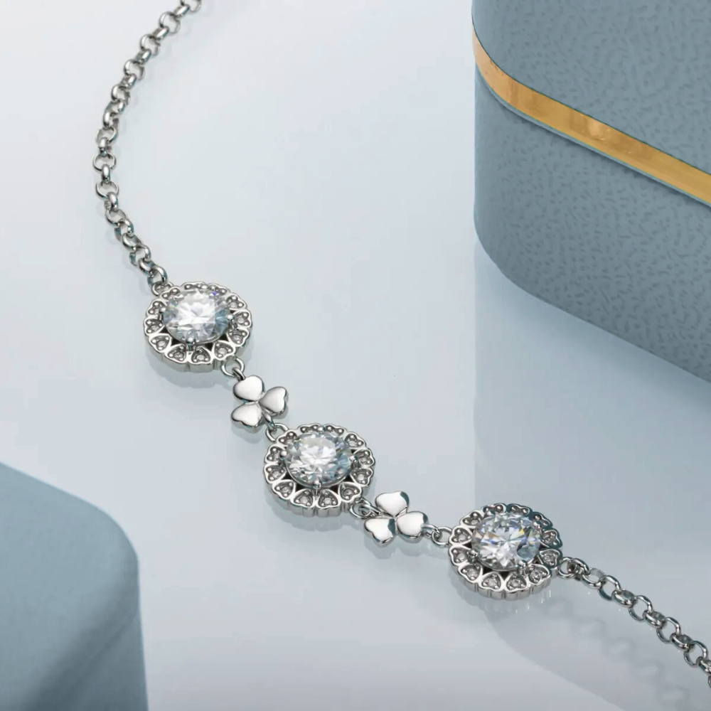 Pulseira Prata 925 Moissanite Trevos Cravejados