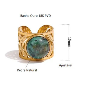 Anel Banho Ouro 18K Pedra Natural Verde Redonda