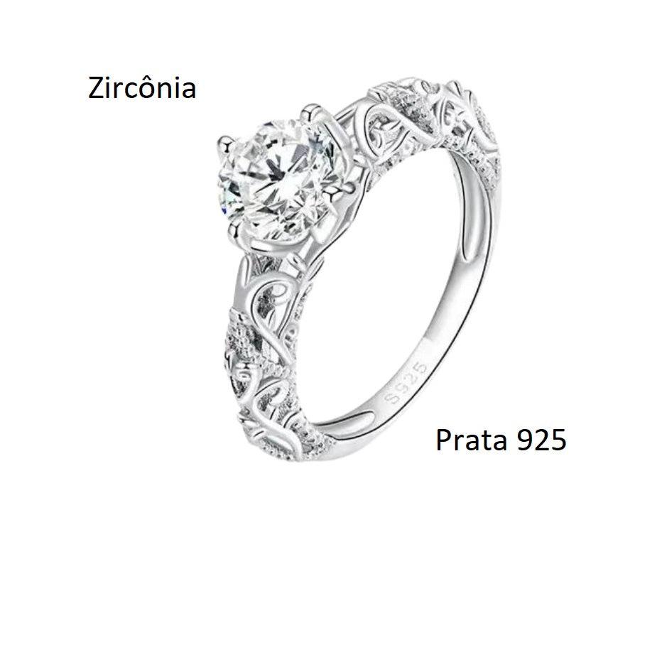 Anel Prata 925 Solitário Gravuras Elegantes com Zircônia Central