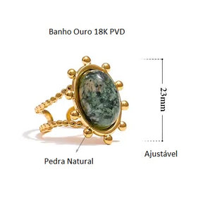 Anel Banho Ouro 18K Pedra Natural Verde Oval