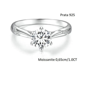 Anel Prata 925 Solitário com Moissanite e Detalhes Laterais