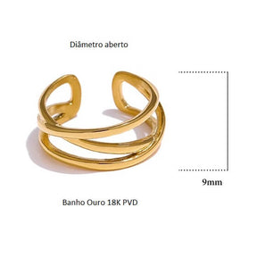 Anel Banho Ouro 18K Linhas Douradas