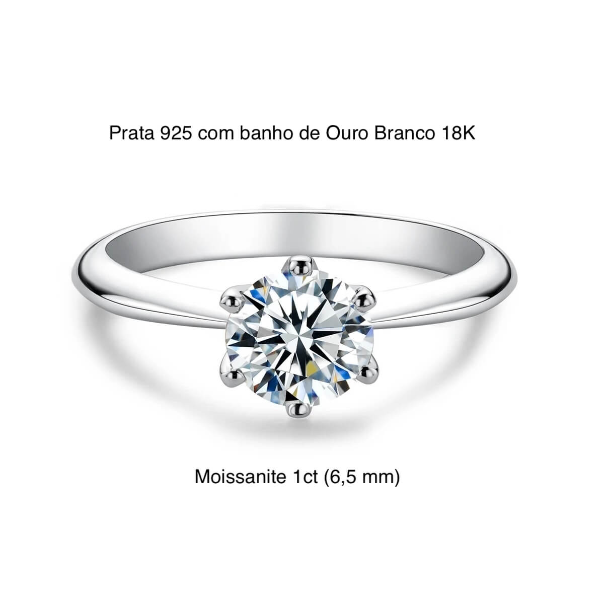 Anel Prata 925 Solitário Moissanite Clássico