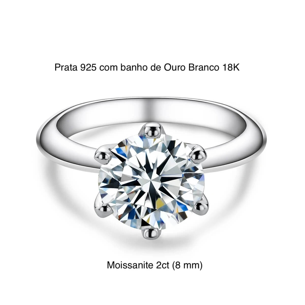 Anel Prata 925 Solitário Moissanite Clássico