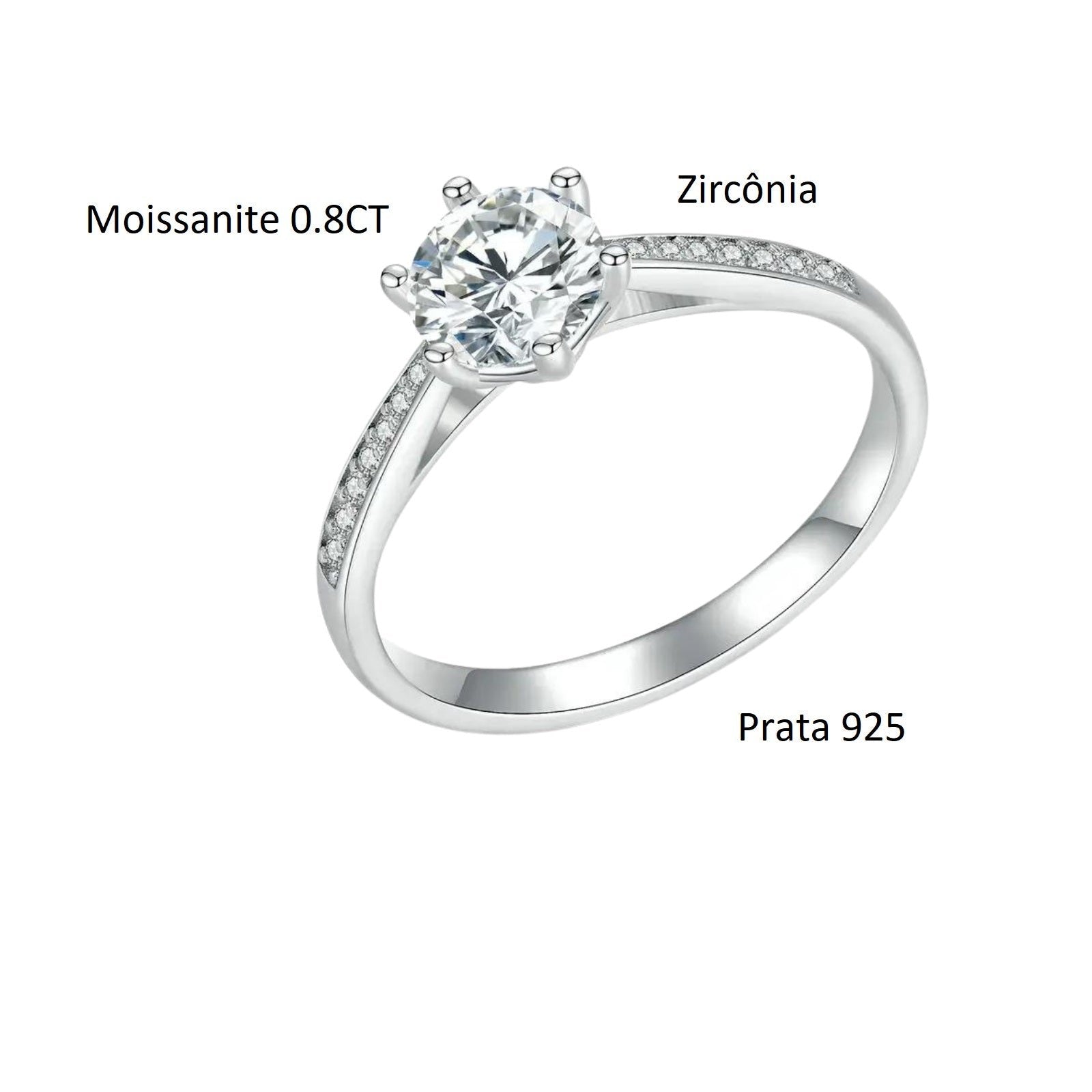 Anel Prata 925 Solitário Moissanite Central e Zircônias Laterais