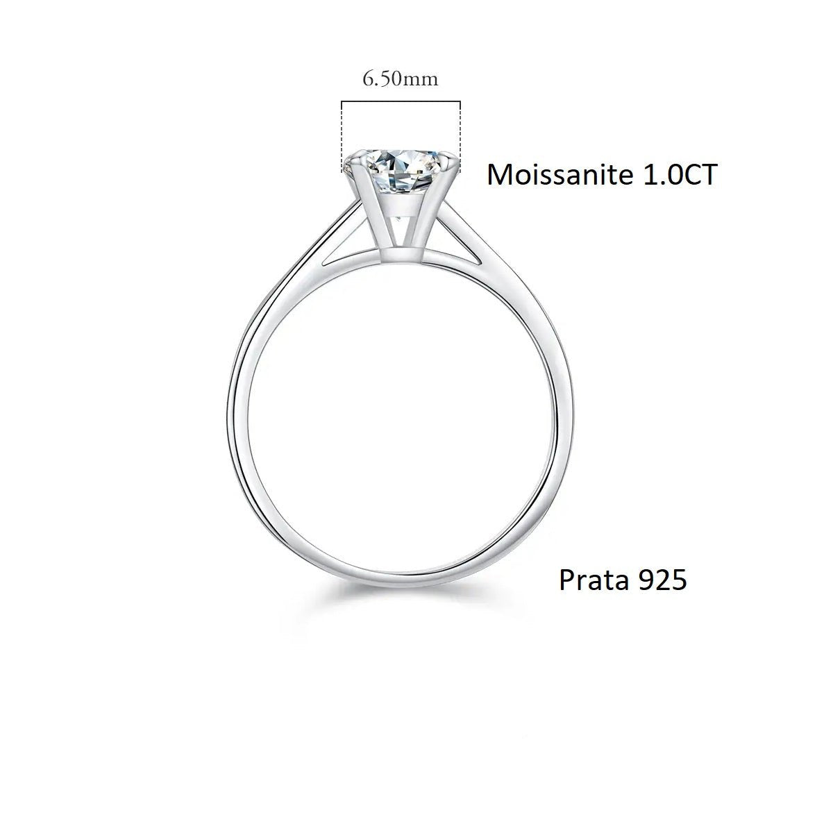 Anel Prata 925 Solitário de Moissanite