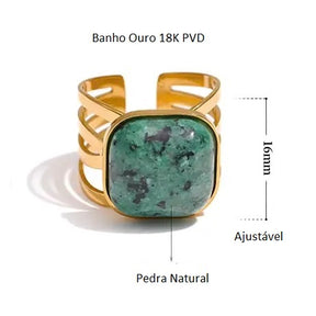 Anel Banho Ouro 18K Pedra Natural Verde Quadrada