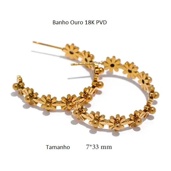 Brinco Banho Ouro 18K Argola Floral