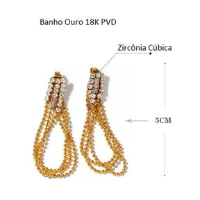 Brinco Banho Ouro 18K Cordão com Zircônias