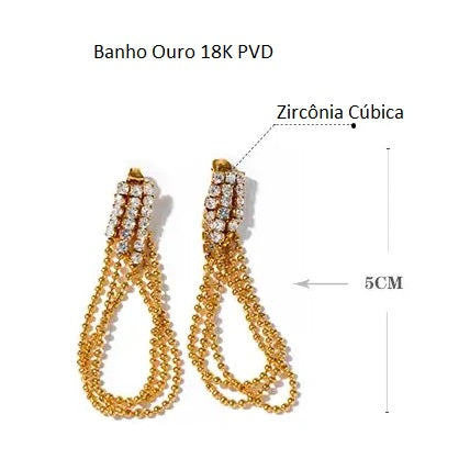 Brinco Banho Ouro 18K Cordão com Zircônias