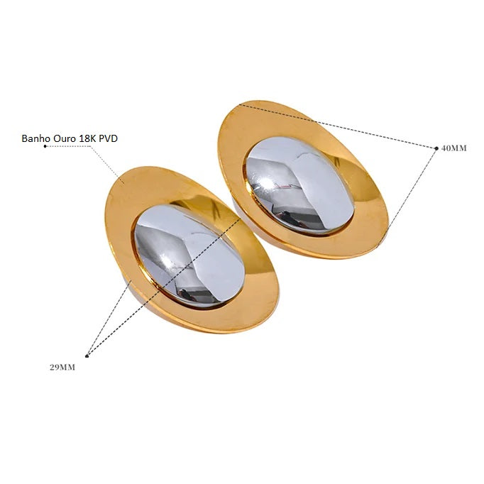 Brinco Banho Ouro 18K Oval Detalhe Prata