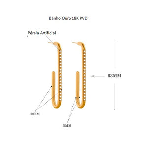 Brinco Banho Ouro 18K Longo com Pérolas Artificiais