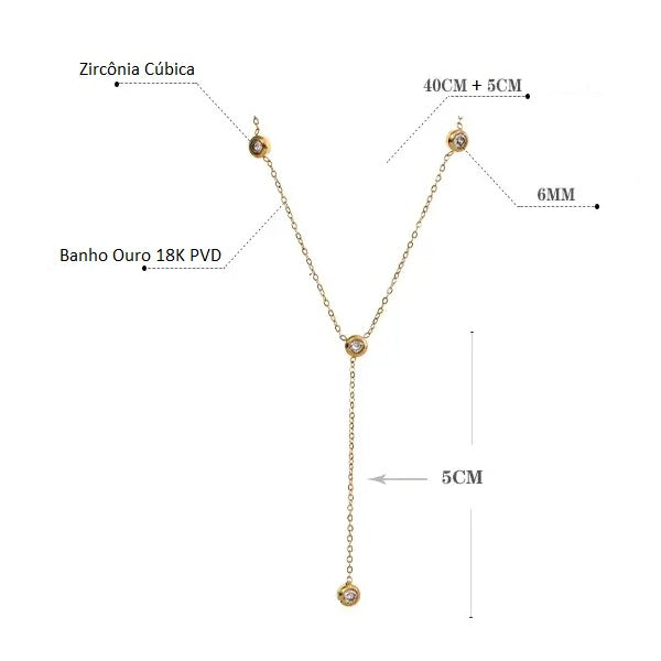 Colar Banho Ouro 18K Pendente Longo com Zircônias