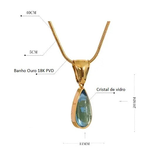 Colar Banho Ouro 18K Cristal de Vidro Oval