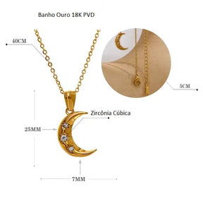 Colar Banho Ouro 18K Lua com Zircônia