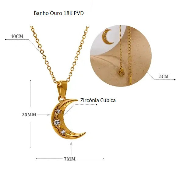 Colar Banho Ouro 18K Lua com Zircônia