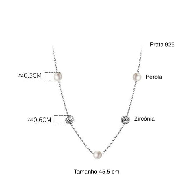 Colar Prata 925 Esferas de Zircônia e Pérola