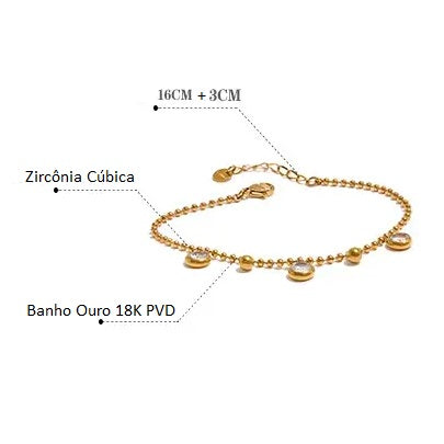 Pulseira Banho Ouro 18K Três Pontos de Zircônia