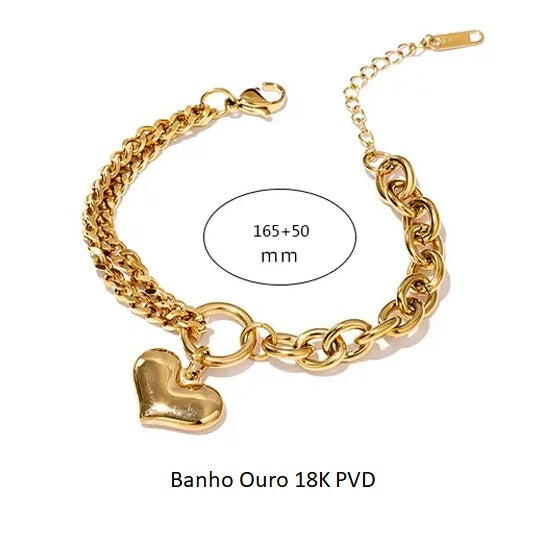 Pulseira Banho Ouro 18K Grossa Coração